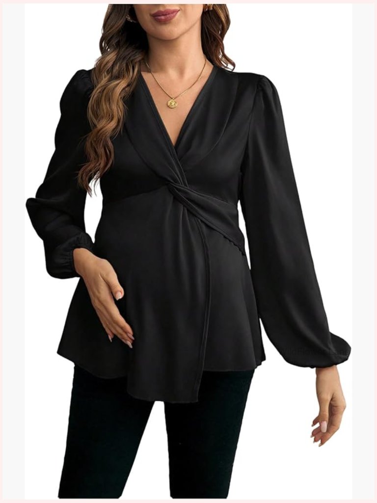 Maternity Blouse Twist V Neck Lantern Sleeve Peplum Top Work